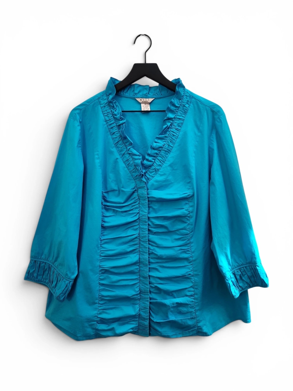 Nexx Teal Blue Ruffled V-Neck Blouse Womens Size 2x